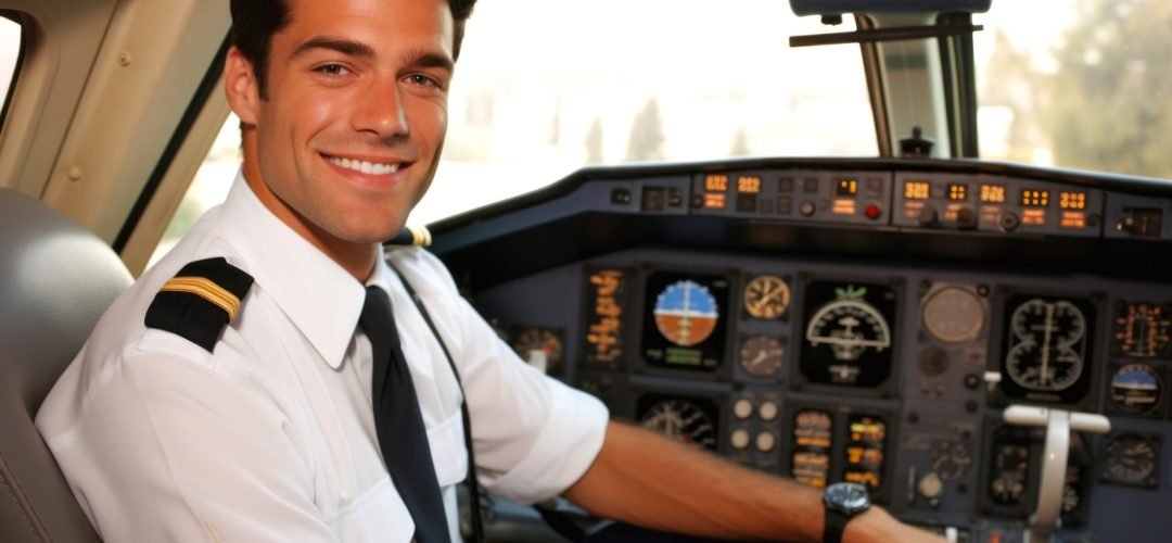 Portrait of a handsome young pilot sitting in the cockpit of an airplane