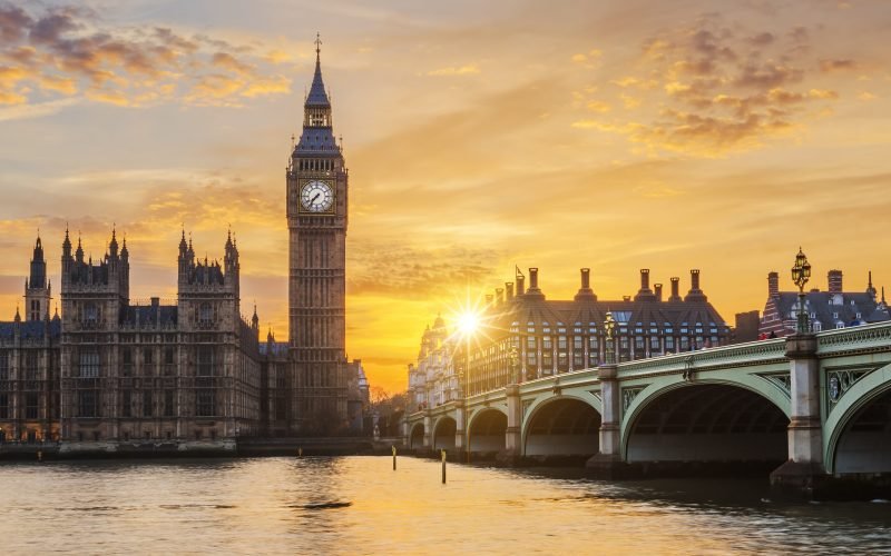 Big Ben and Westminster Bridge at sunset, London, UK