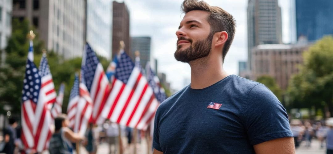 Confident man wearing a small American flag pin stands among several waving American flags in a city setting.